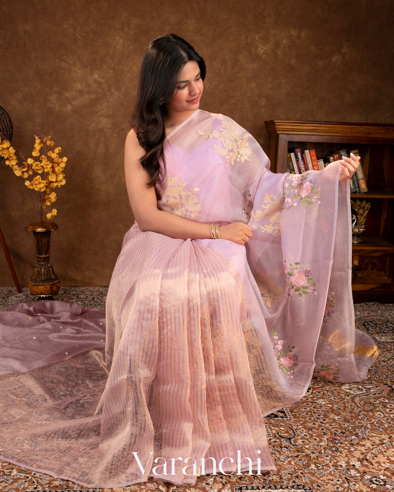 Lilac Floral Applique and Embroidered Pure Kora Silk Saree