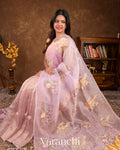 Lilac Floral Applique and Embroidered Pure Kora Silk Saree