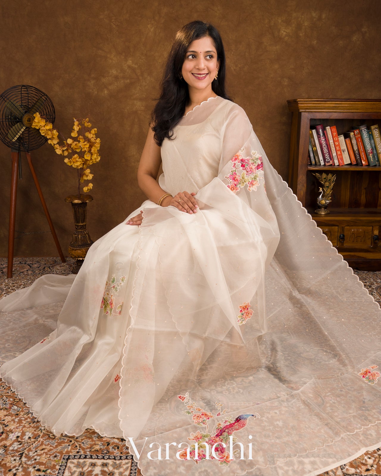 Off White Peacock Applique and Embroidered Pure Kora Silk Saree
