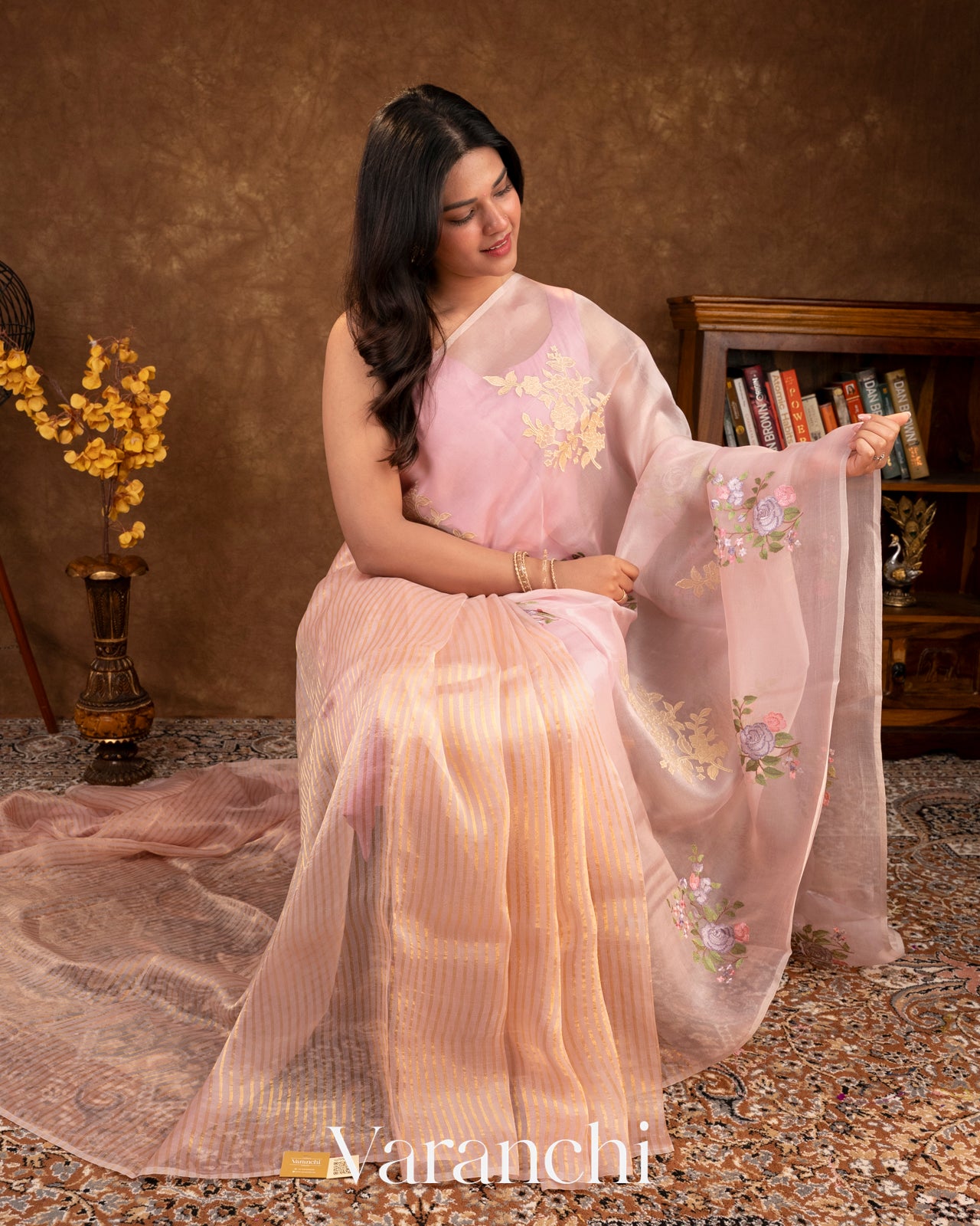 Baby Pink Floral Applique and Embroidered Pure Kora Silk Saree