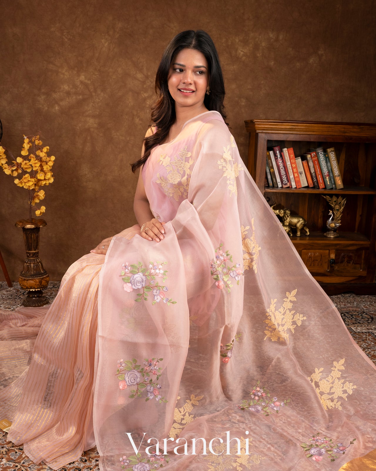 Baby Pink Floral Applique and Embroidered Pure Kora Silk Saree