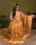Muskmelon Orange Floral Printed Pure Kora Silk Saree
