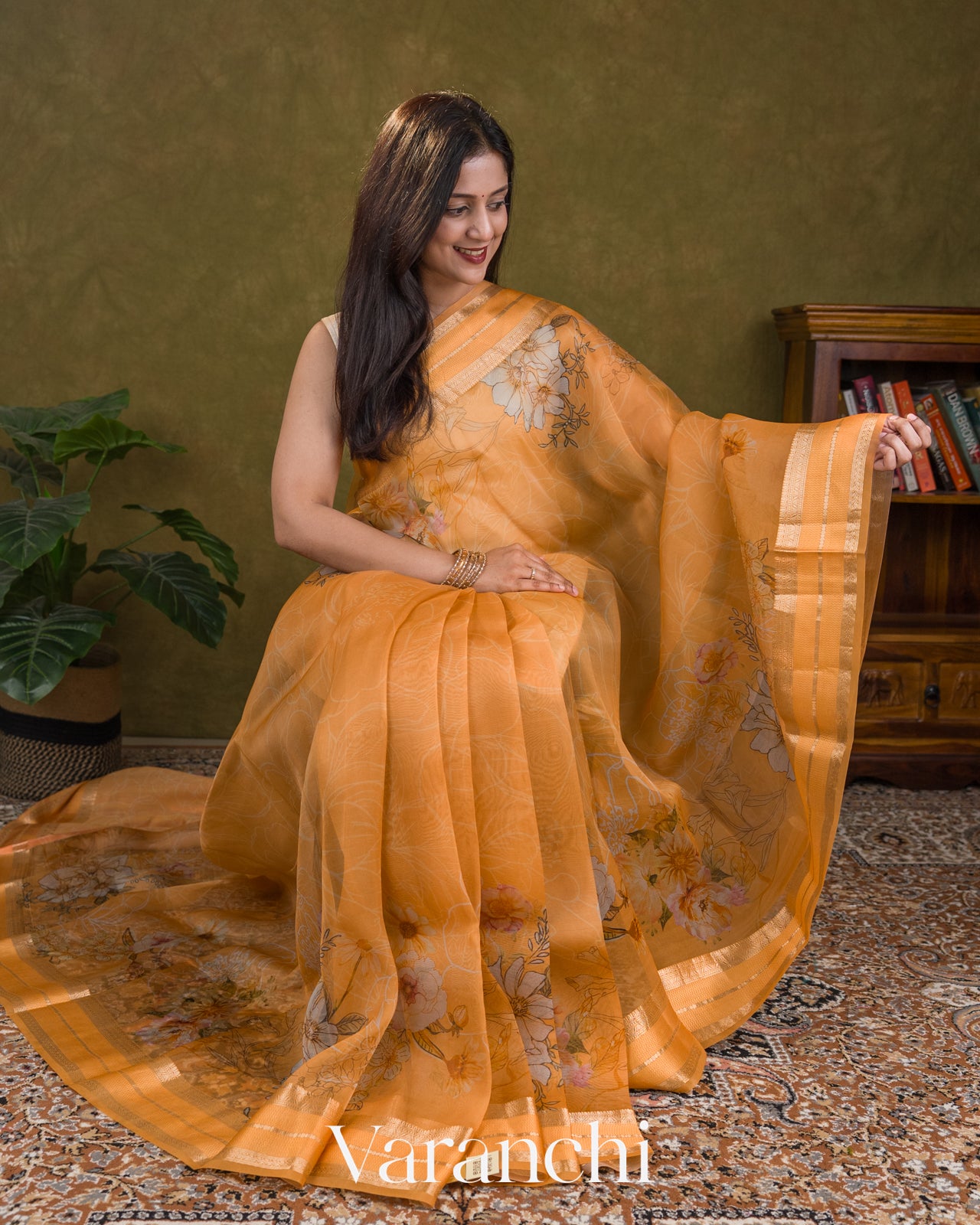 Muskmelon Orange Floral Printed Pure Kora Silk Saree