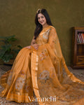 Muskmelon Orange Floral Printed Pure Kora Silk Saree