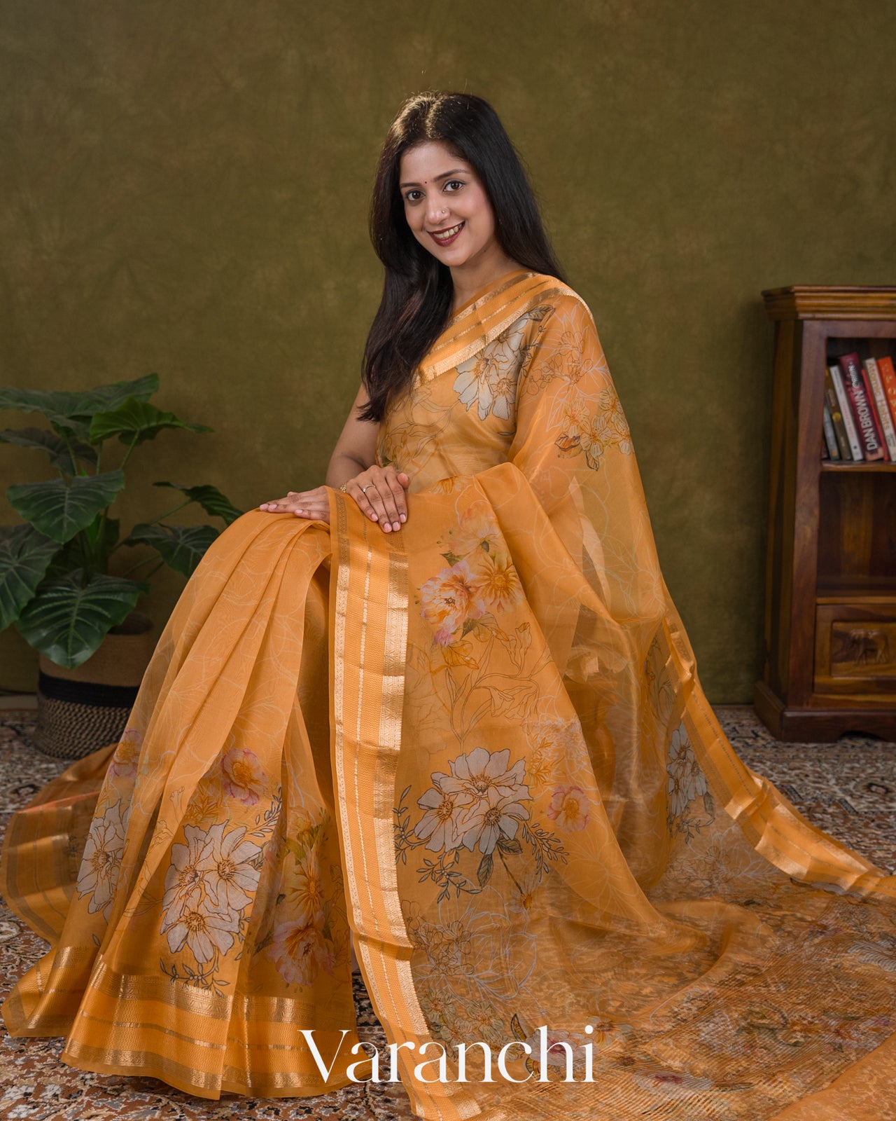 Muskmelon Orange Floral Printed Pure Kora Silk Saree