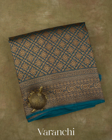 Teal Blue Floral Jaal Pure Kora Silk Saree