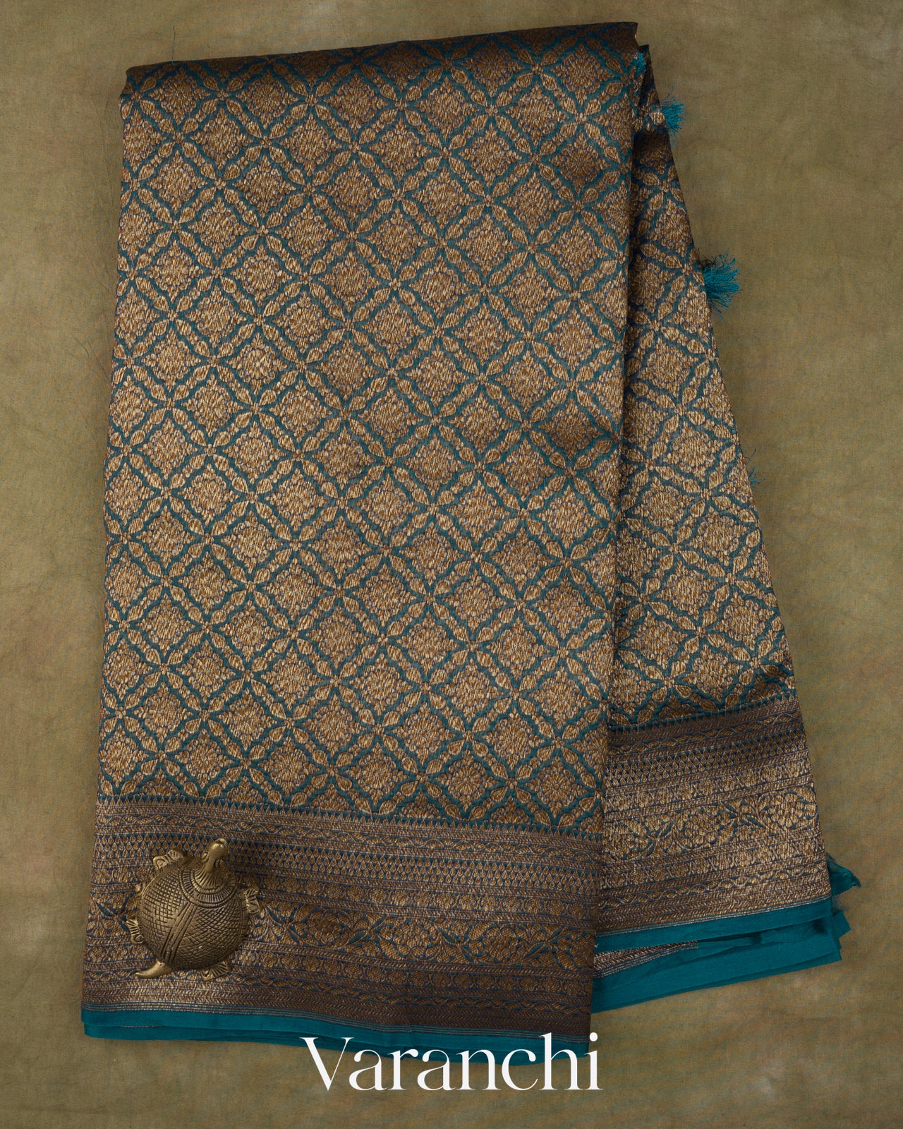 Teal Blue Floral Jaal Pure Kora Silk Saree