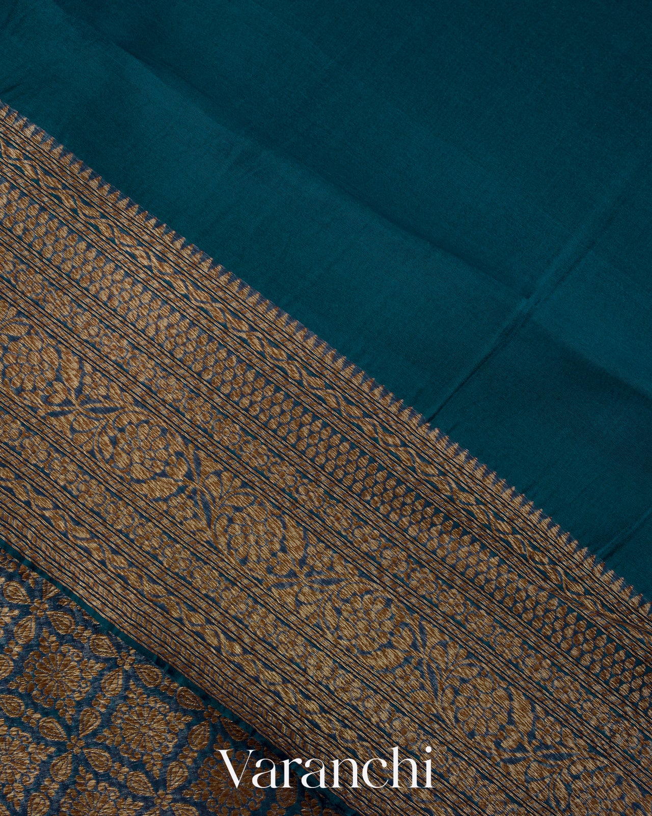 Teal Blue Floral Jaal Pure Kora Silk Saree