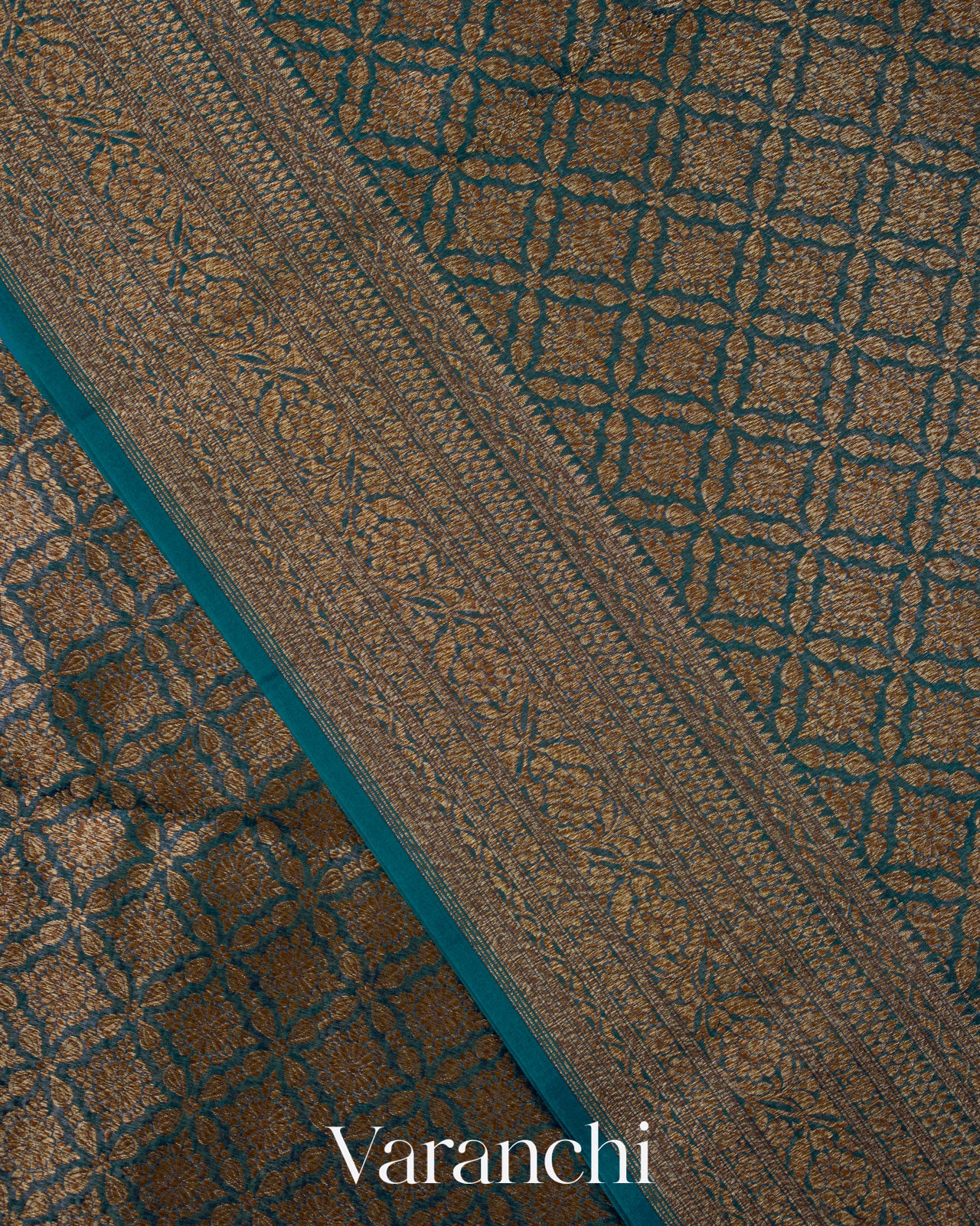 Teal Blue Floral Jaal Pure Kora Silk Saree