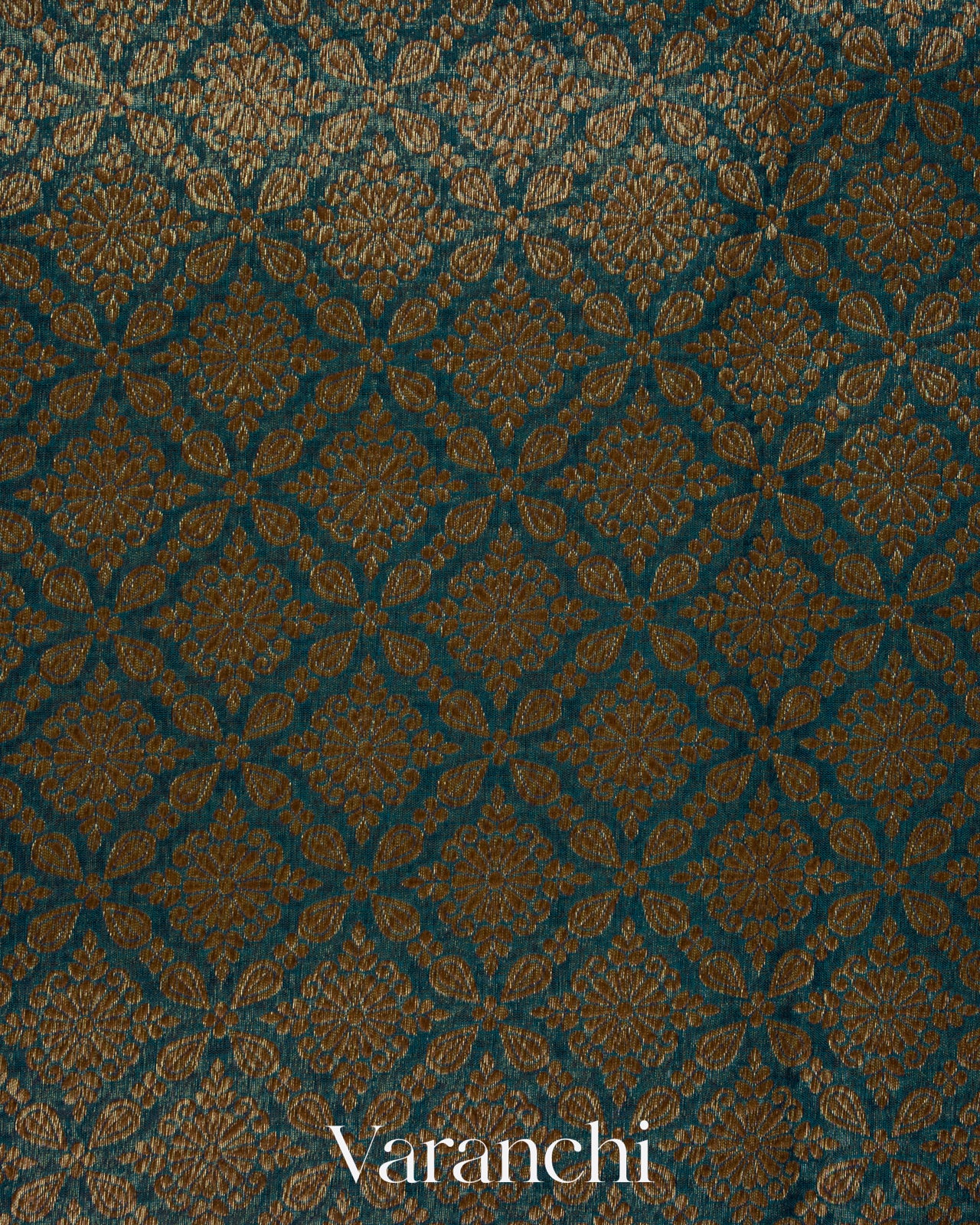 Teal Blue Floral Jaal Pure Kora Silk Saree
