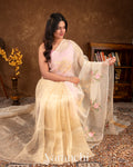 Ivory Floral Applique and Embroidered Pure Kora Silk Saree 