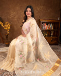 Ivory Floral Applique and Embroidered Pure Kora Silk Saree 