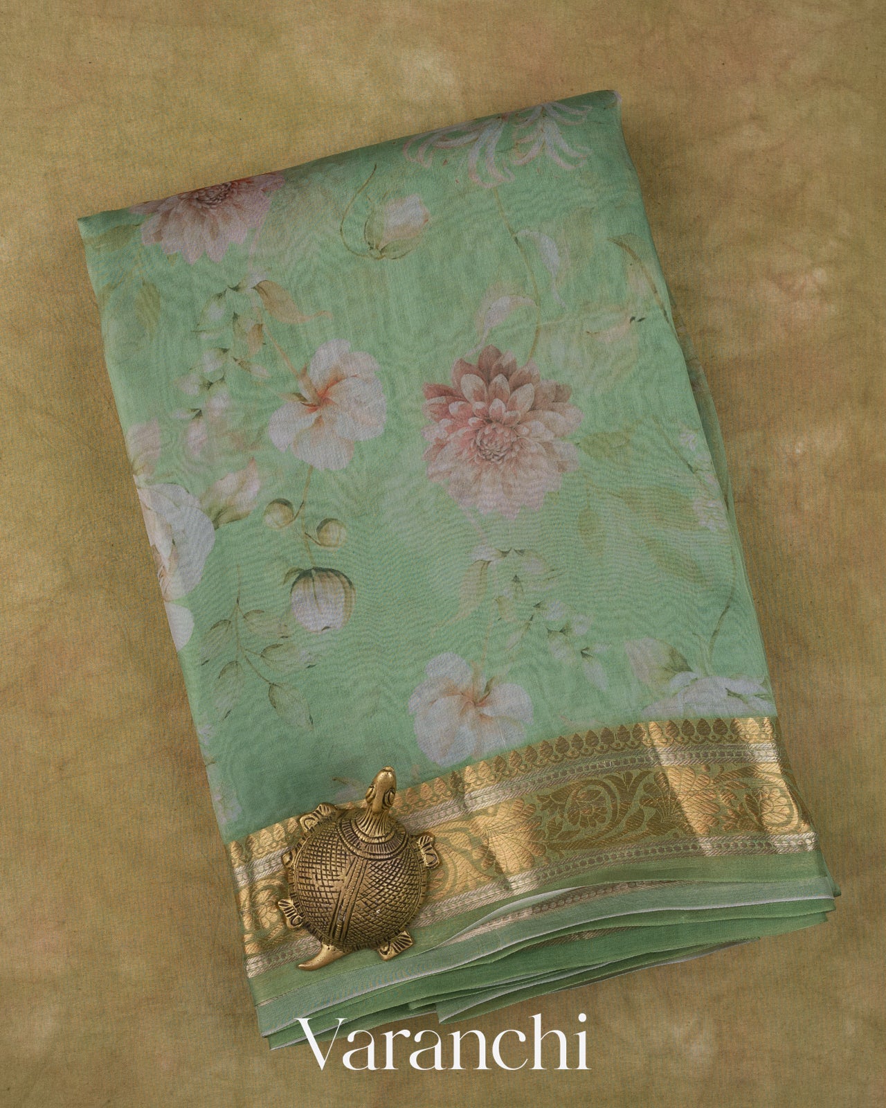 Mint Green Floral Digital Printed Pure Kora Silk Saree
