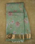 Mint Green Floral Digital Printed Pure Kora Silk Saree
