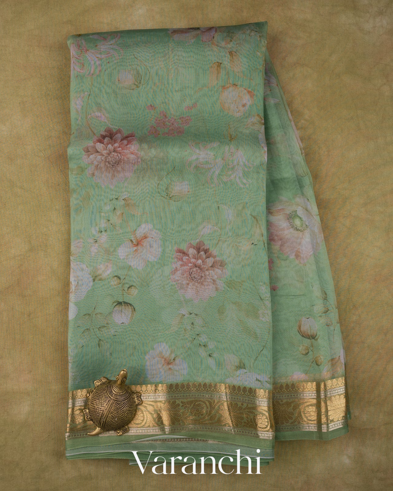 Mint Green Floral Digital Printed Pure Kora Silk Saree