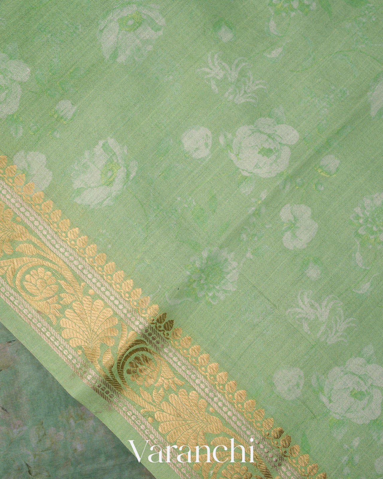Mint Green Floral Digital Printed Pure Kora Silk Saree