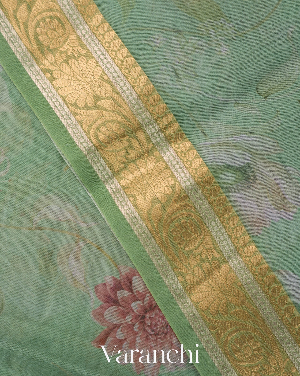 Mint Green Floral Digital Printed Pure Kora Silk Saree