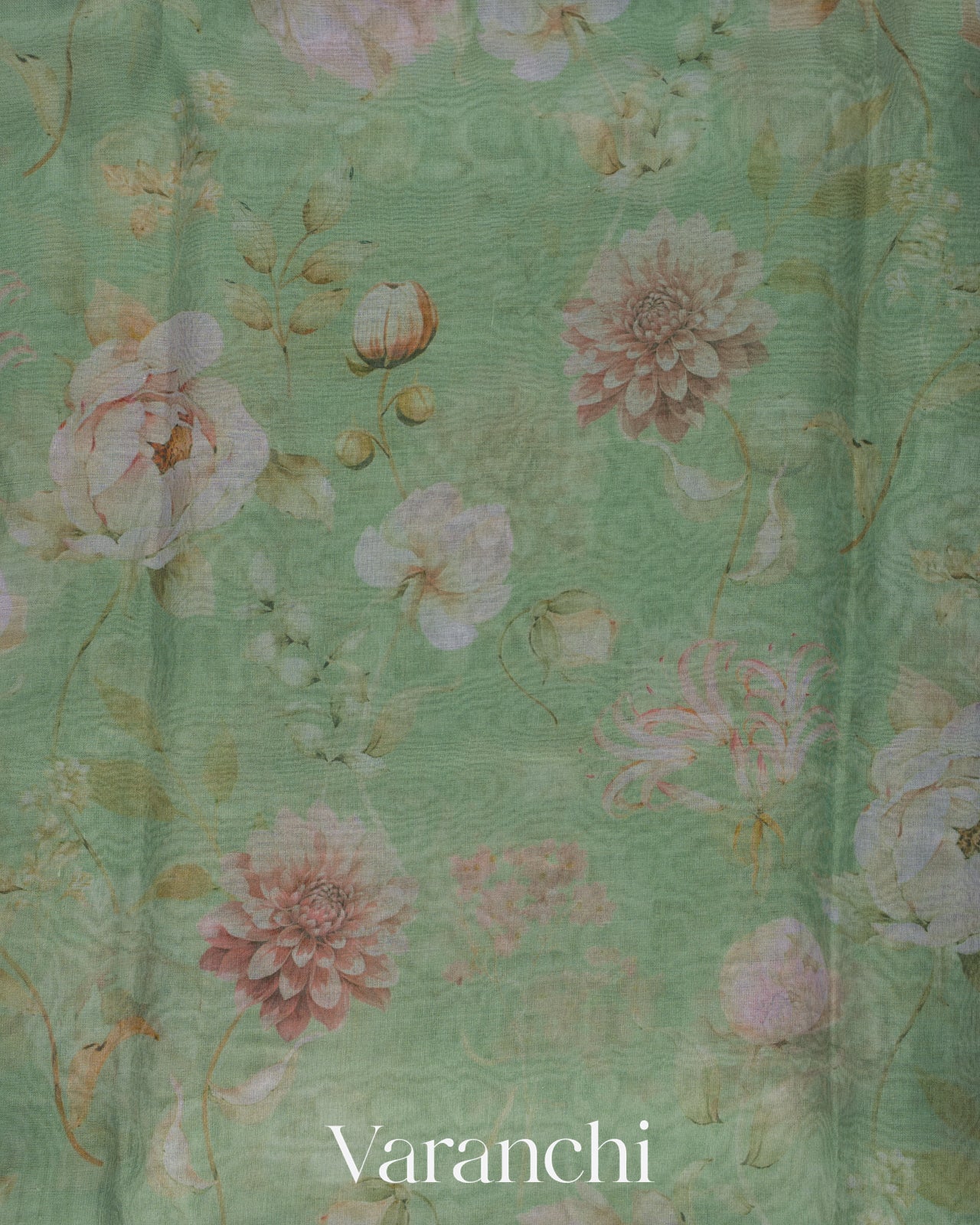 Mint Green Floral Digital Printed Pure Kora Silk Saree