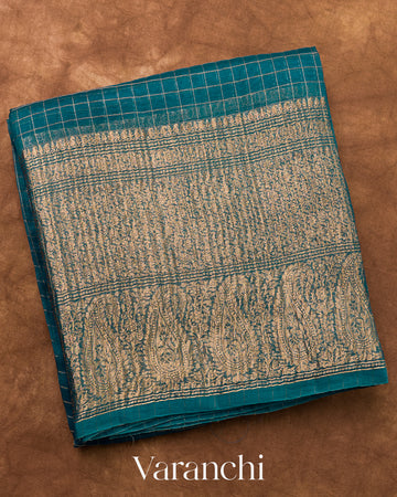 Peacock Blue Pure Crush Kora Silk Saree