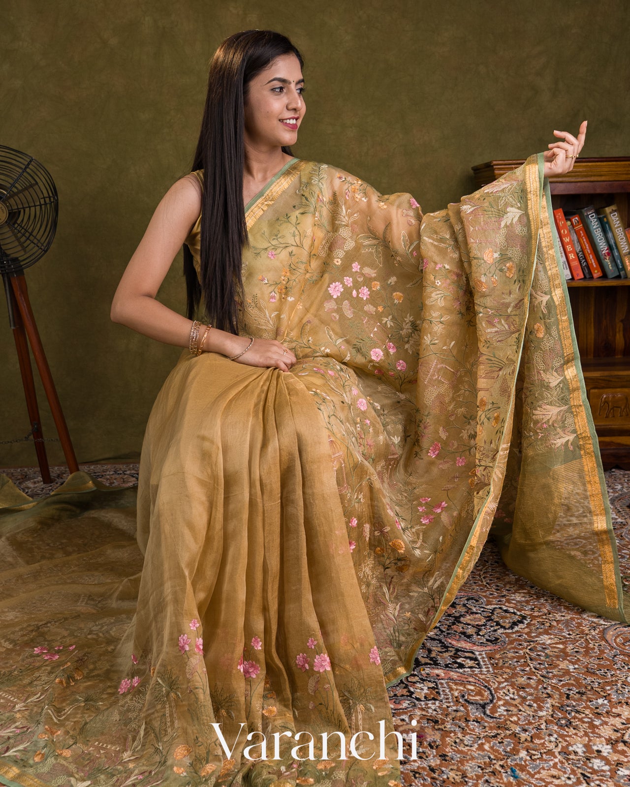 Sand Beige Floral Embroidered Pure Tissue Kora Silk Saree