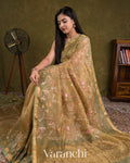 Sand Beige Floral Embroidered Pure Tissue Kora Silk Saree