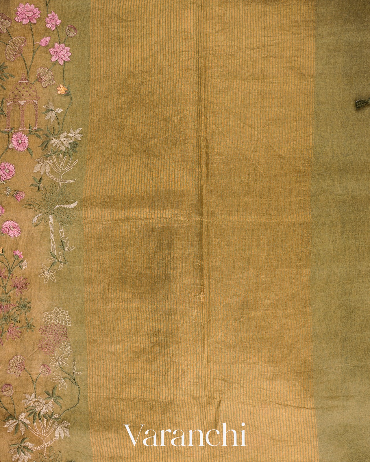 Sand Beige Floral Embroidered Pure Tissue Kora Silk Saree