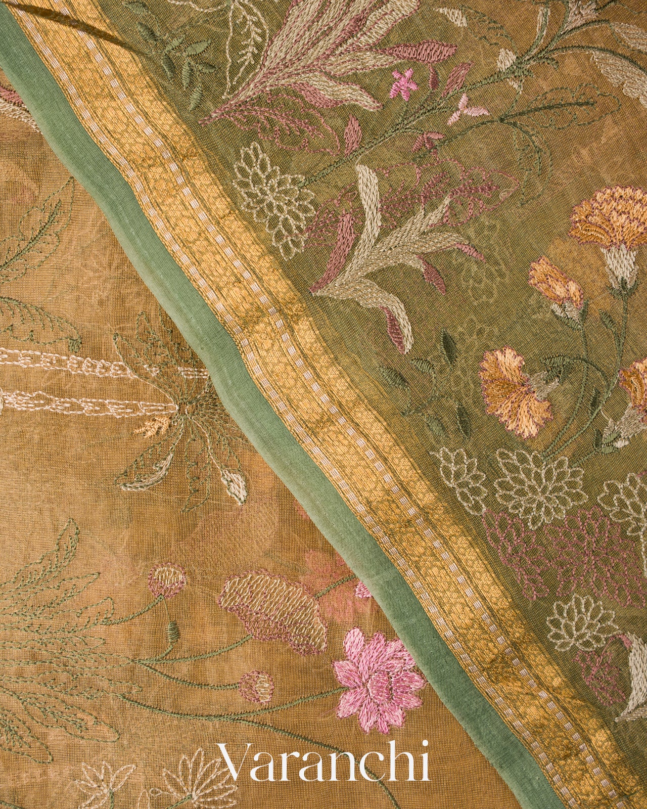 Sand Beige Floral Embroidered Pure Tissue Kora Silk Saree