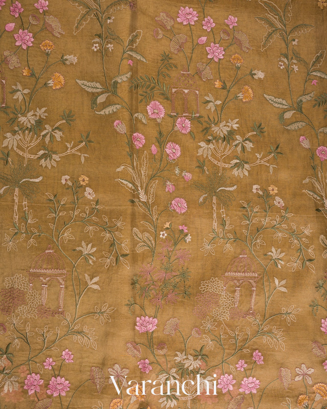 Sand Beige Floral Embroidered Pure Tissue Kora Silk Saree