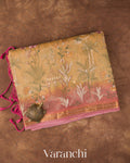 Muted Yellow Floral Embroidered Pure Tissue Kora Silk Saree