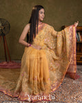 Muted Yellow Floral Embroidered Pure Tissue Kora Silk Saree