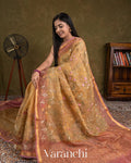 Muted Yellow Floral Embroidered Pure Tissue Kora Silk Saree