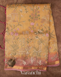 Muted Yellow Floral Embroidered Pure Tissue Kora Silk Saree