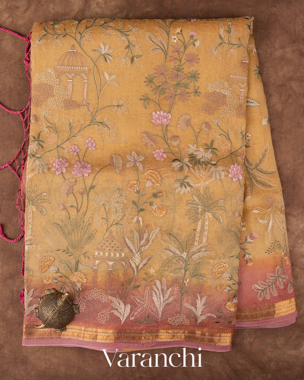 Muted Yellow Floral Embroidered Pure Tissue Kora Silk Saree