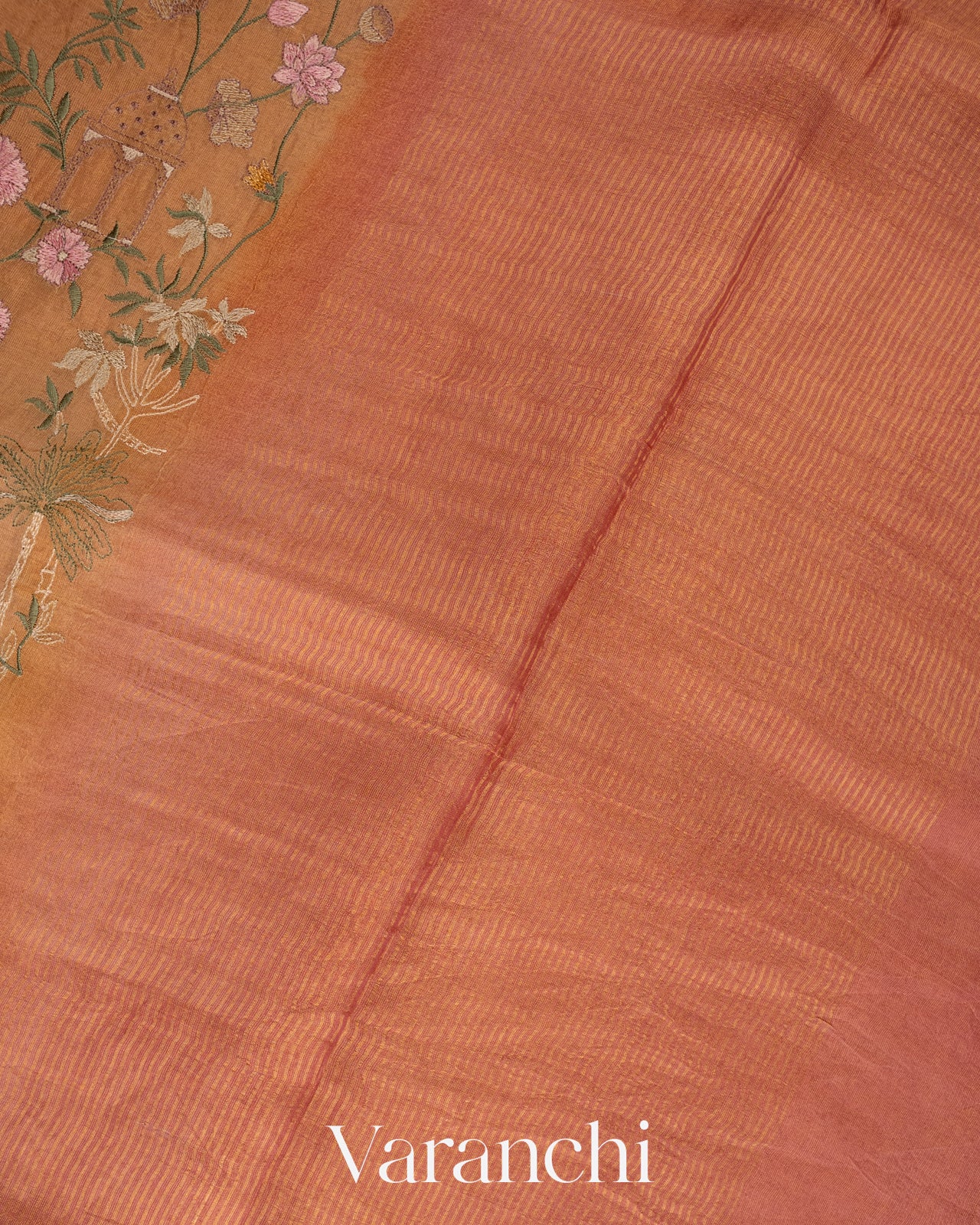 Muted Yellow Floral Embroidered Pure Tissue Kora Silk Saree