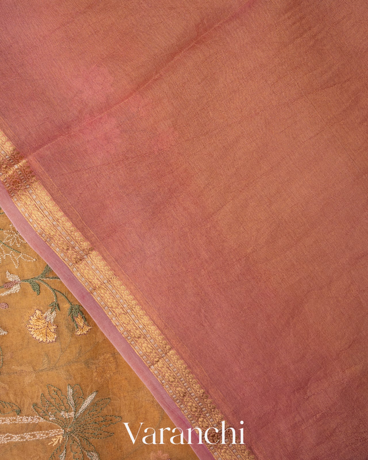 Muted Yellow Floral Embroidered Pure Tissue Kora Silk Saree