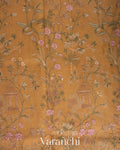 Muted Yellow Floral Embroidered Pure Tissue Kora Silk Saree
