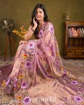 Lavender Floral Embroidered Pure Tissue Kora Silk Saree