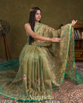 Muted Green  Floral Embroidered Pure Tissue Kora Silk Saree
