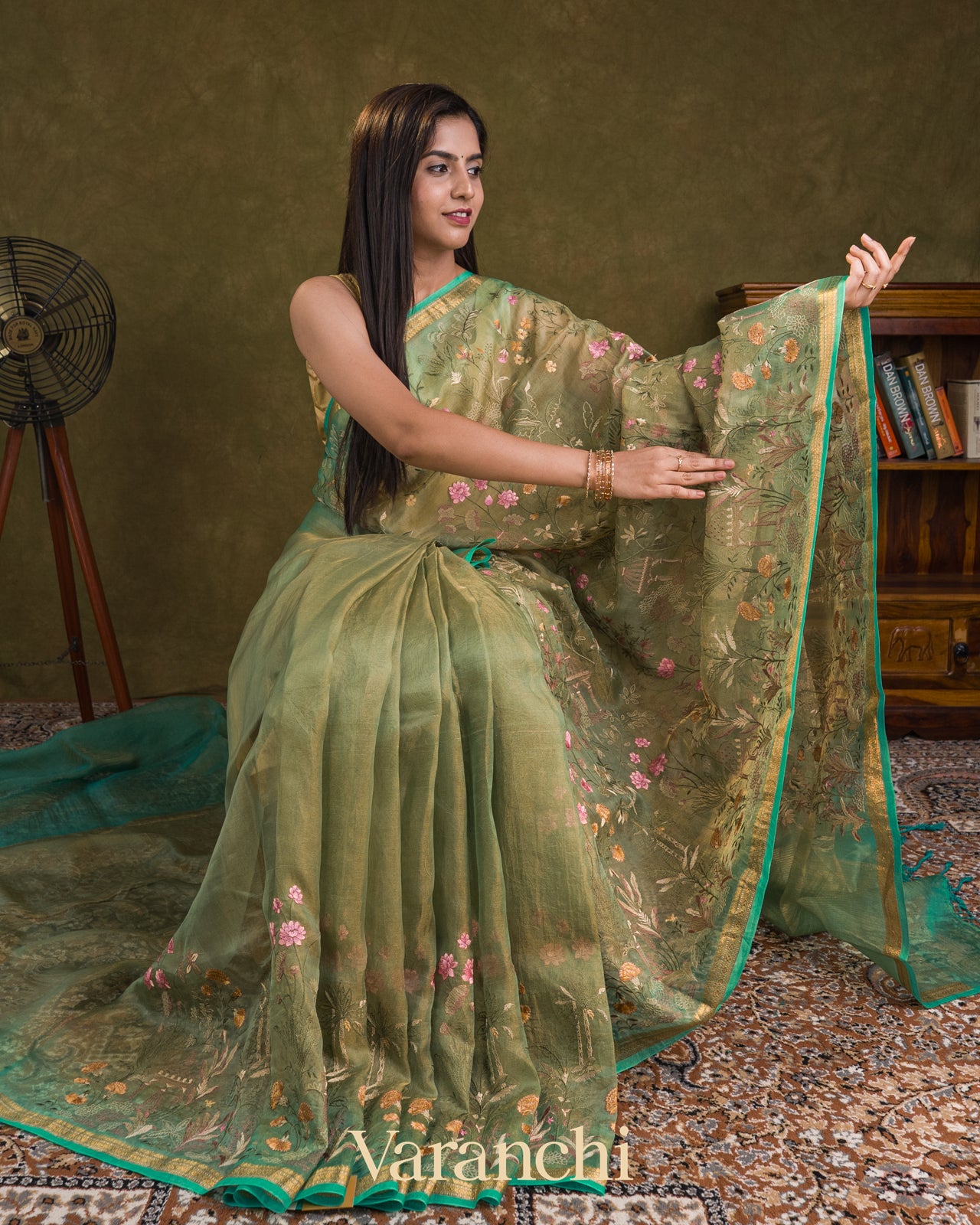 Muted Green  Floral Embroidered Pure Tissue Kora Silk Saree