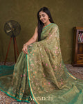 Muted Green  Floral Embroidered Pure Tissue Kora Silk Saree