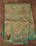 Muted Green  Floral Embroidered Pure Tissue Kora Silk Saree