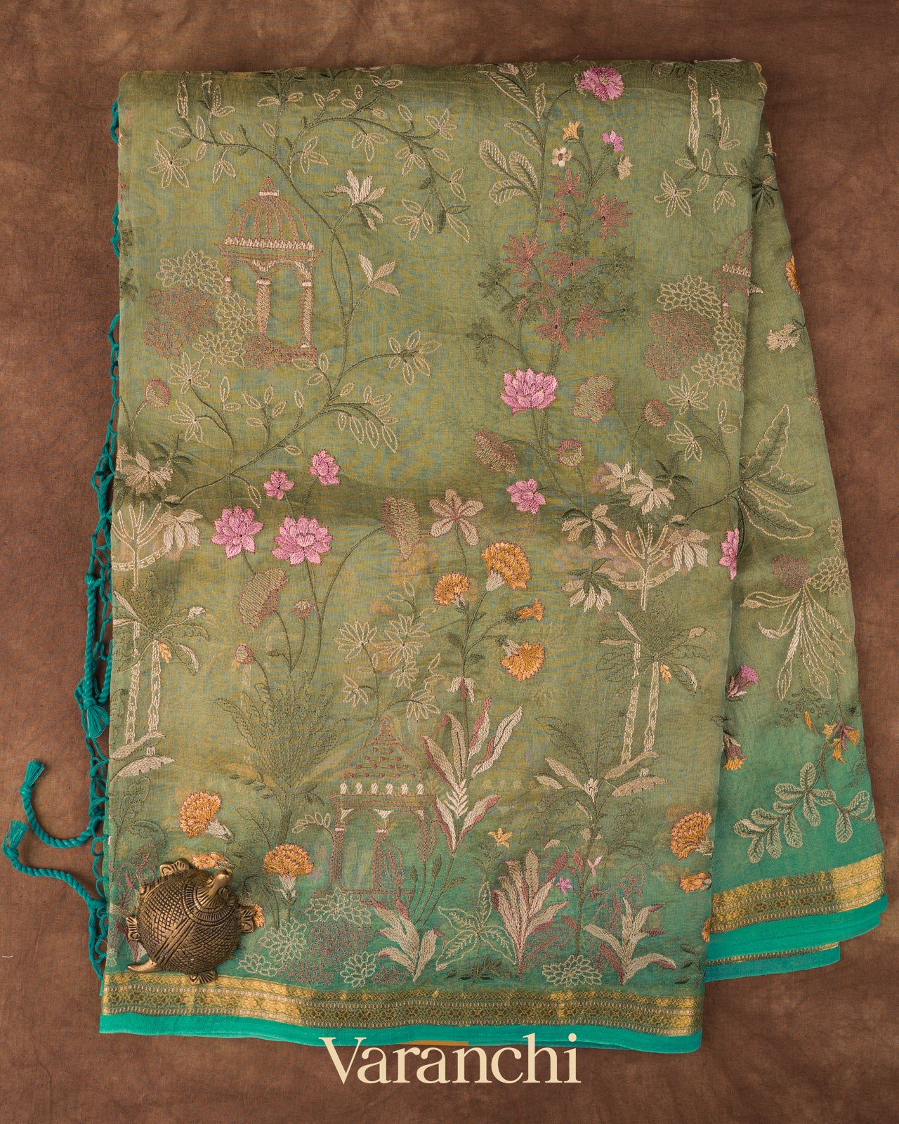 Muted Green  Floral Embroidered Pure Tissue Kora Silk Saree