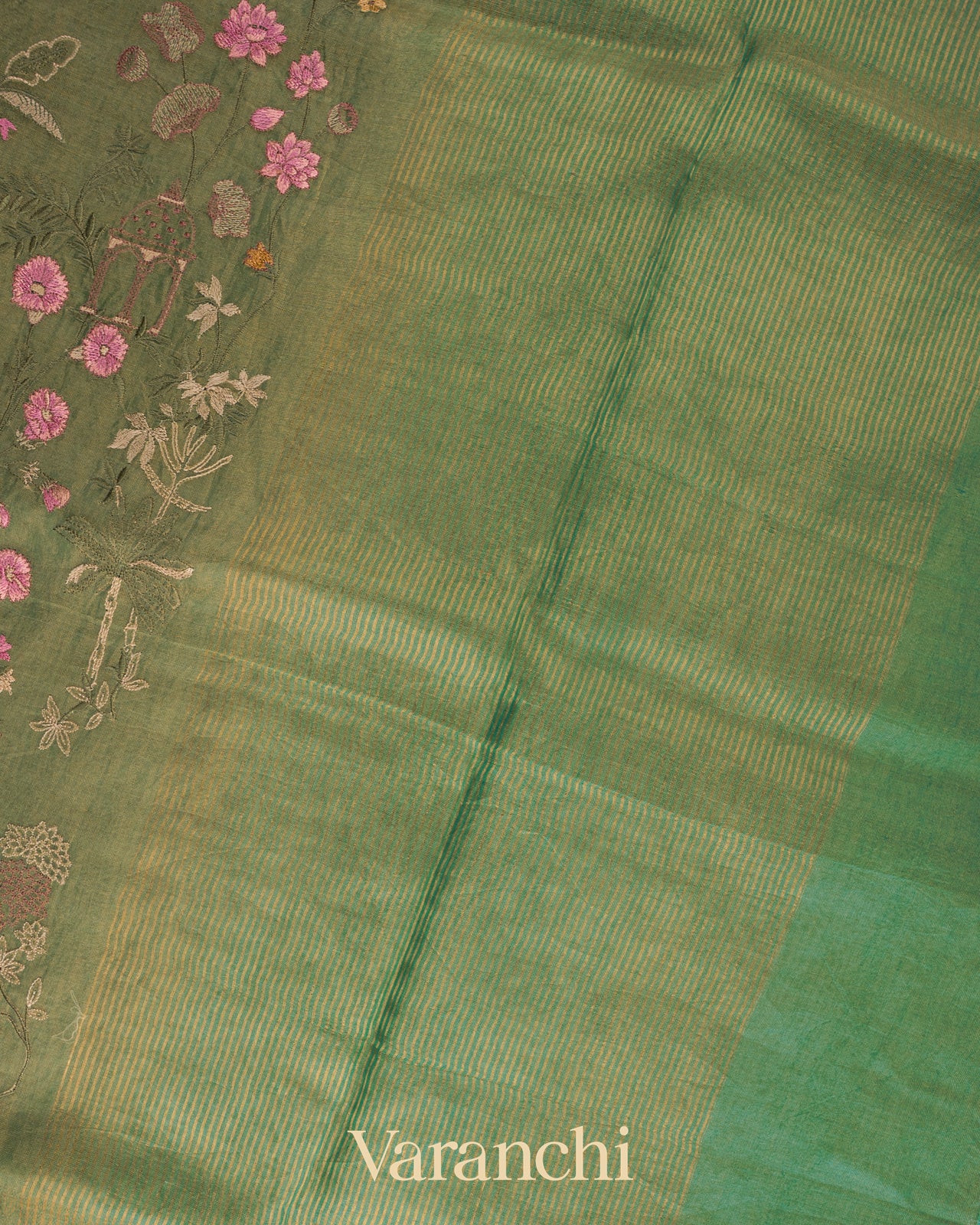 Muted Green  Floral Embroidered Pure Tissue Kora Silk Saree