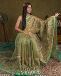 Muted Green Floral Embroidered Pure Tissue Kora Silk Saree