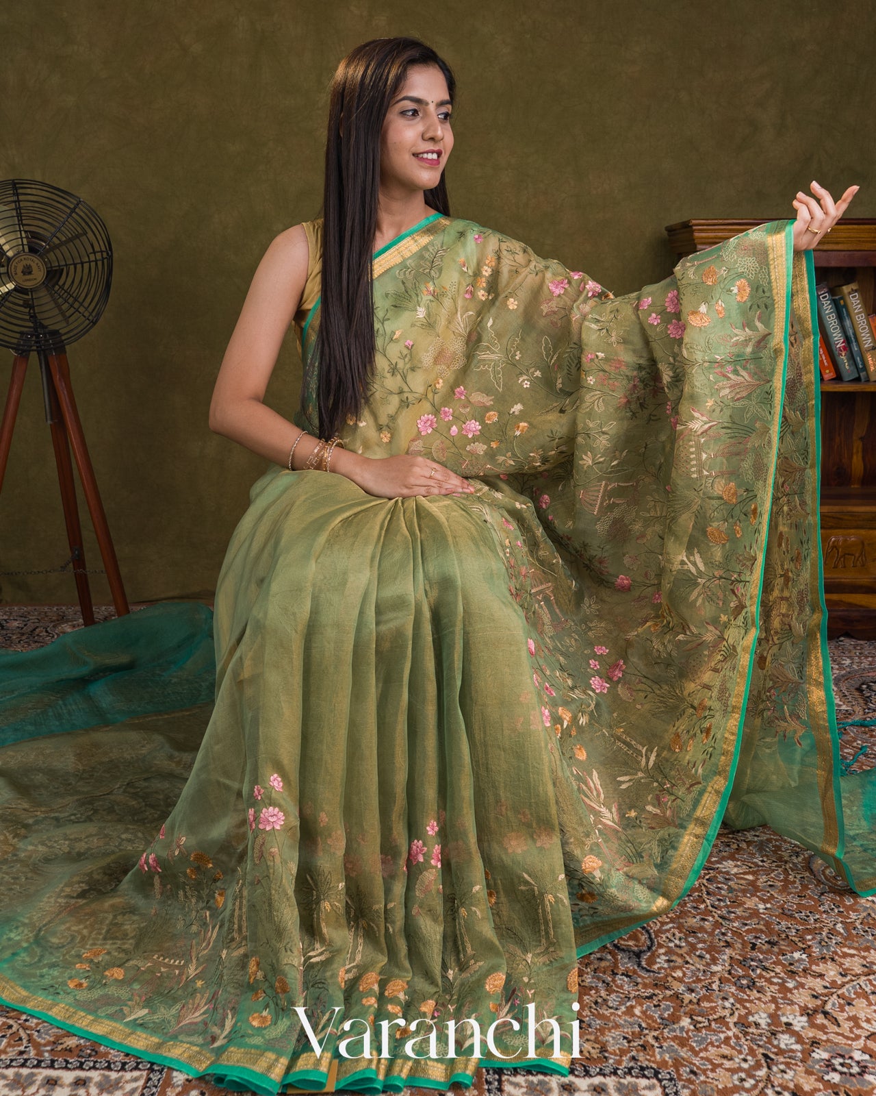 Muted Green Floral Embroidered Pure Tissue Kora Silk Saree