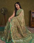 Muted Green Floral Embroidered Pure Tissue Kora Silk Saree