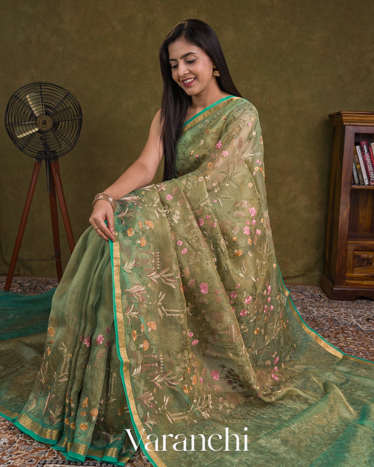 Muted Green Floral Embroidered Pure Tissue Kora Silk Saree