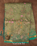 Muted Green Floral Embroidered Pure Tissue Kora Silk Saree