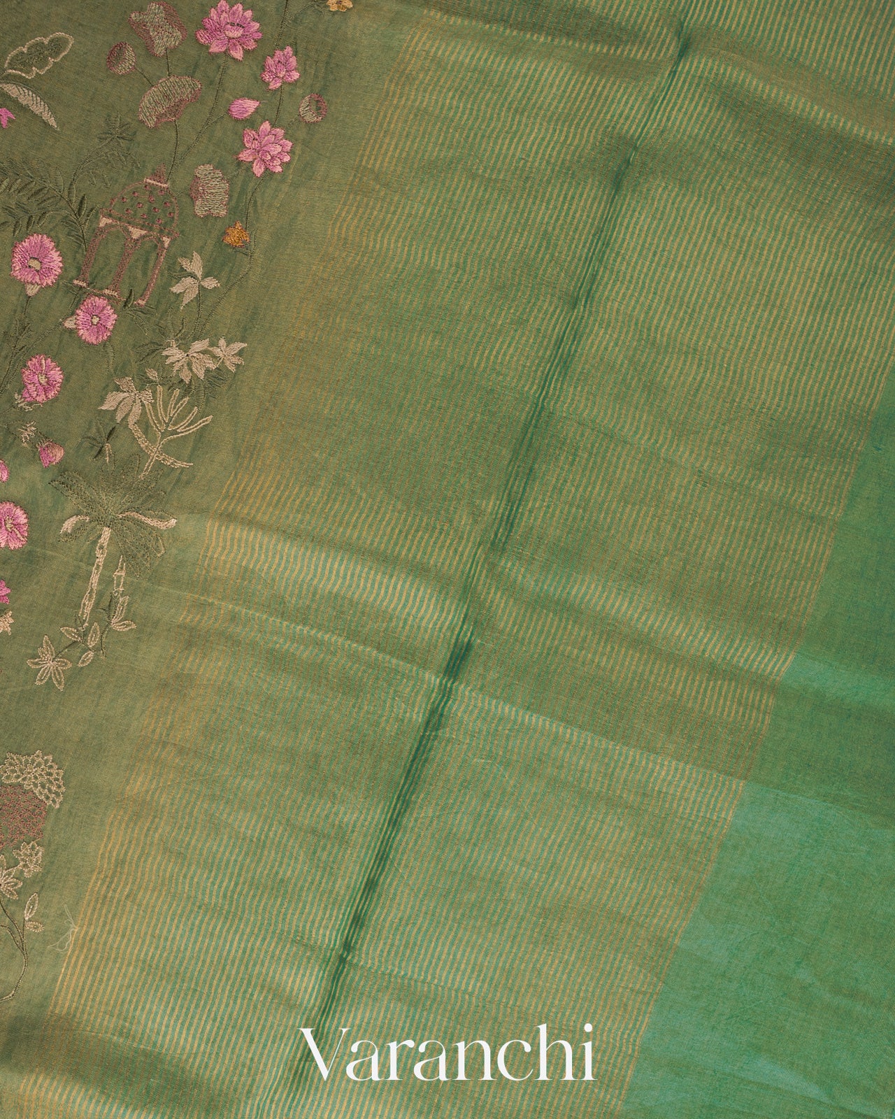 Muted Green Floral Embroidered Pure Tissue Kora Silk Saree