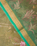 Muted Green Floral Embroidered Pure Tissue Kora Silk Saree
